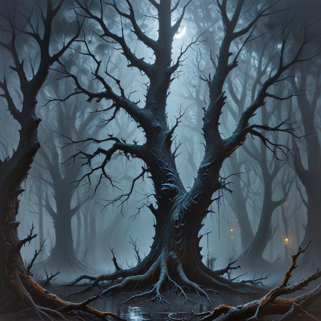 Abstract Oil Painting of Dark Woods in Moonlight