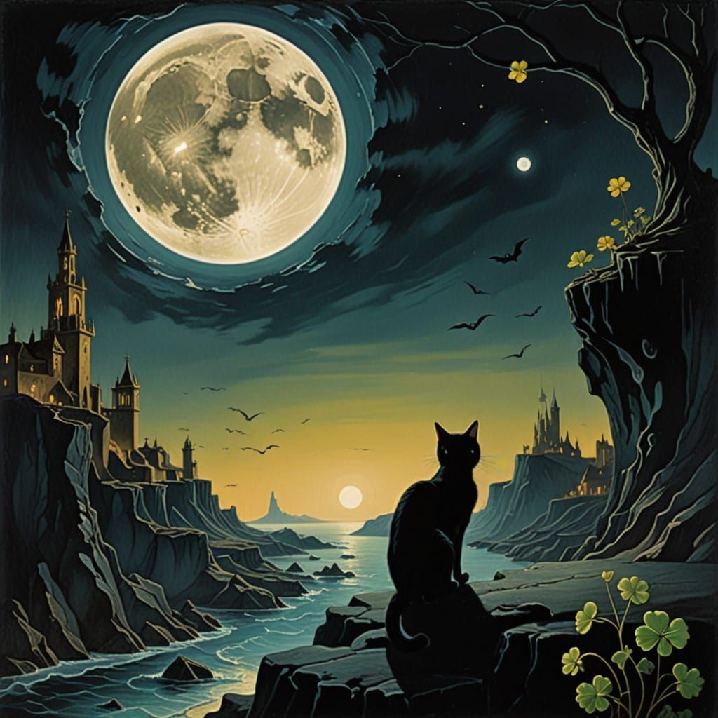 Surreal Black Cat on Abyss Under Giant Moon