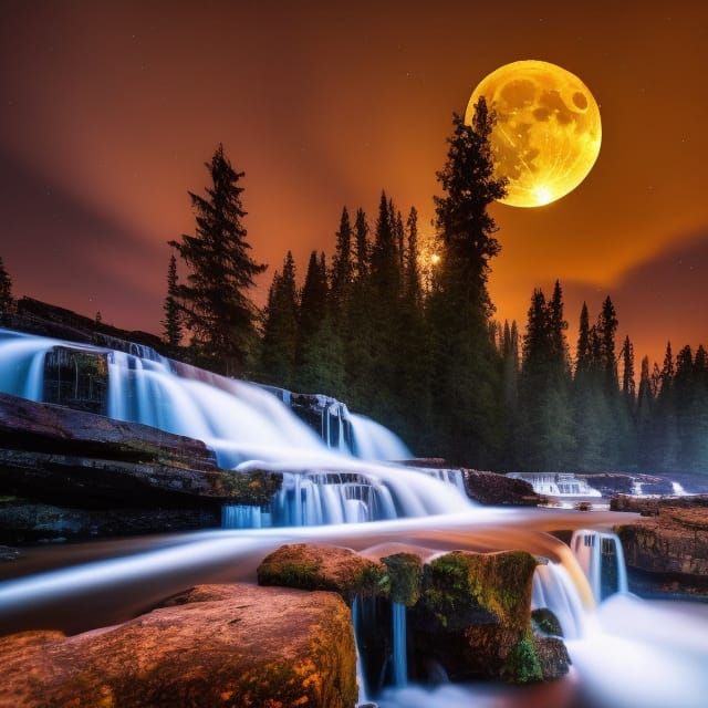 Surreal Waterfall Scene Under a Celestial Display