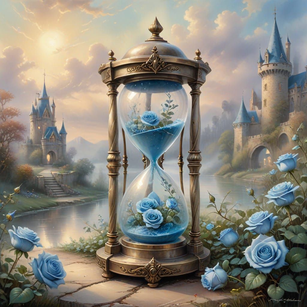 Antique Hourglass with Blue Roses in Ethereal Castle Landsca...