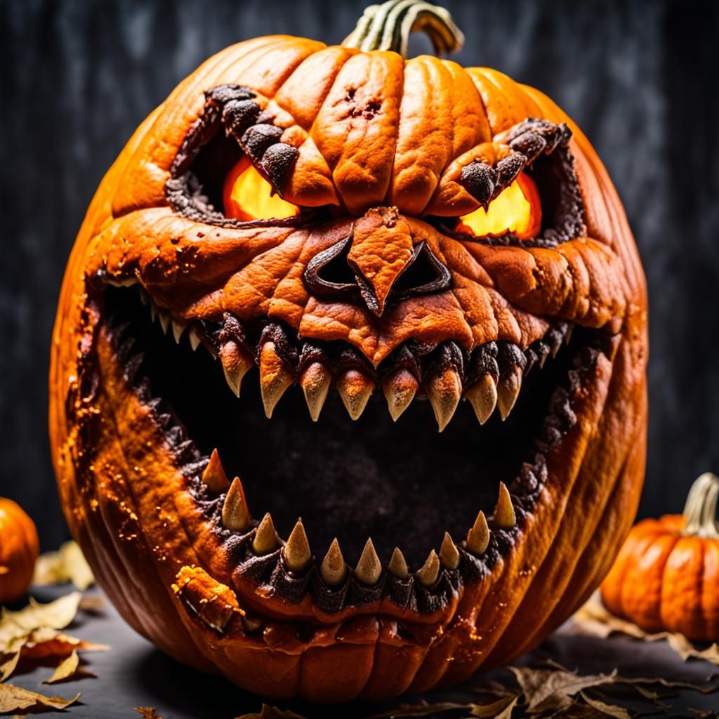 Sinister Demon Pumpkin Under Dark Fantasy Stormy Night