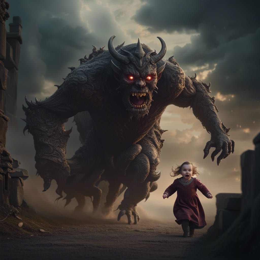 Epic Medieval Woman Escapes with Baby from Hellish Demon