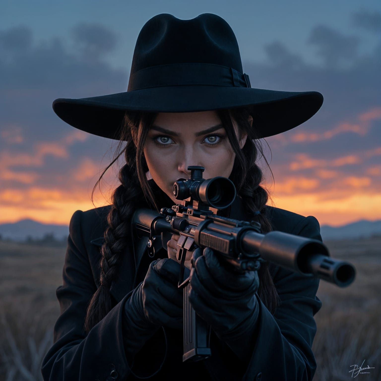 Brunette Sniper Takes Aim in Beautiful Landscape