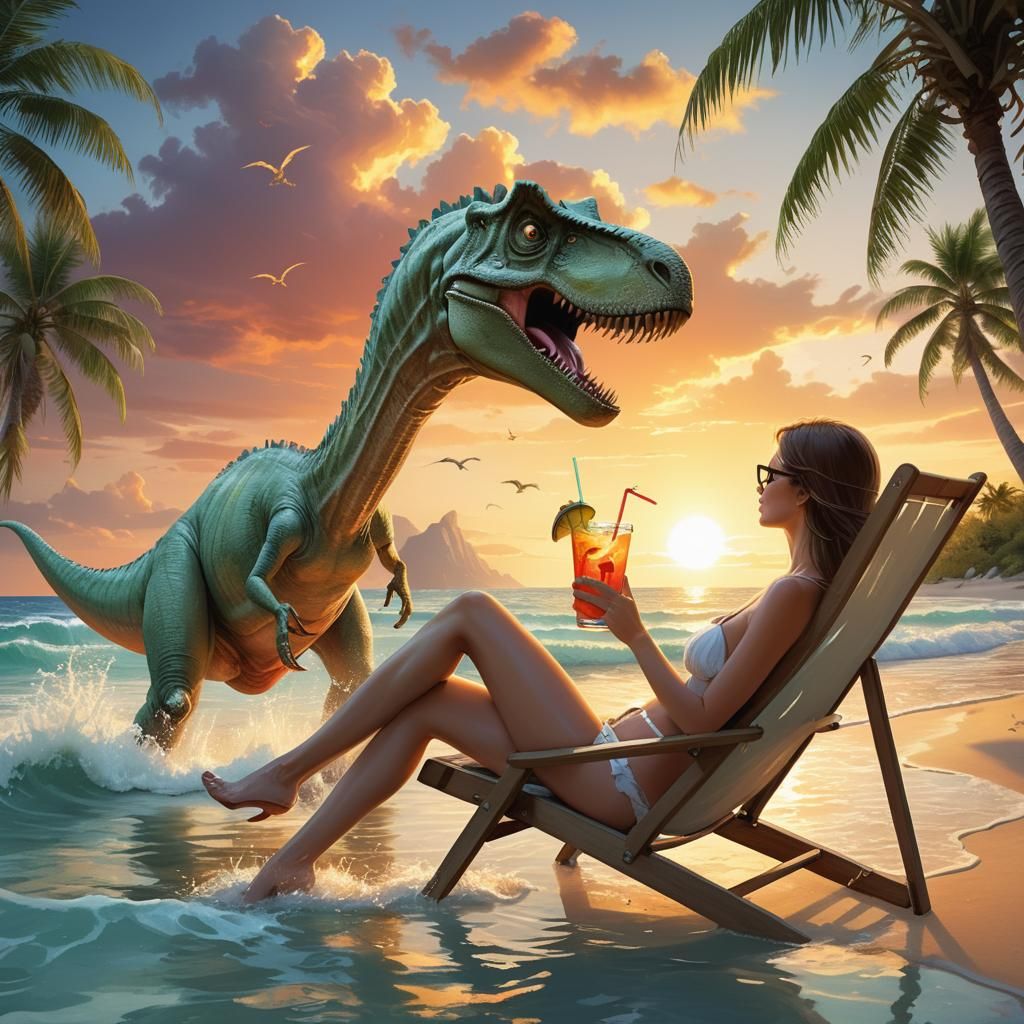 Surreal Tropical Beach Scene with Dinosaur Emergence