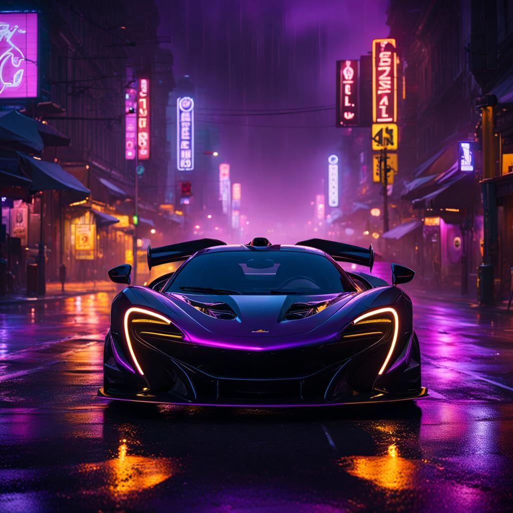 Dark Cyberpunk McLaren in Neon Rain, Hyperdetailed Street Sc...