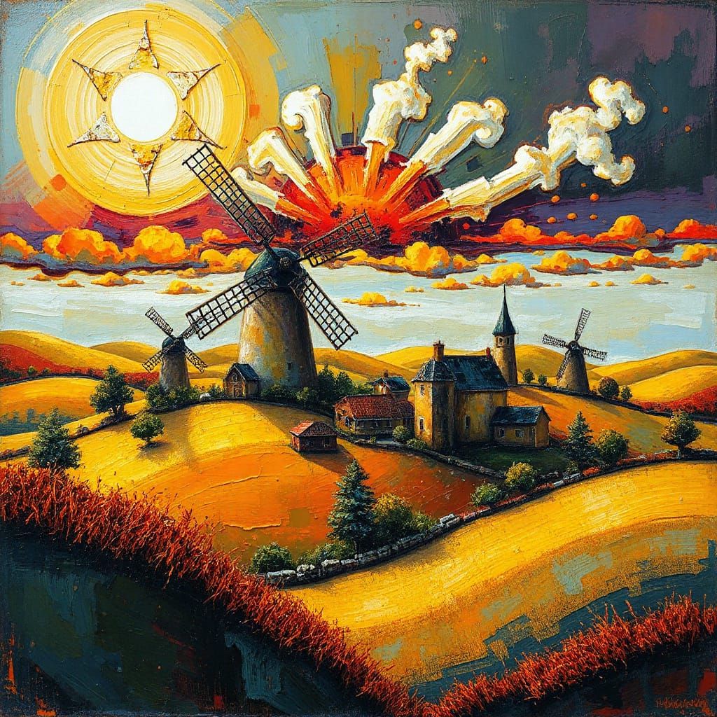 Whimsical Windmill Village in Vibrant Expressionist-Abstract...