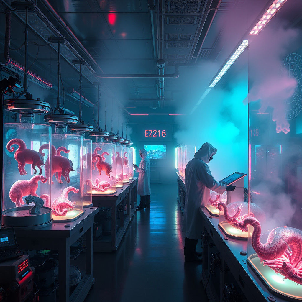High-Tech Cloning Facility in a Mystical, Neon-Lit World