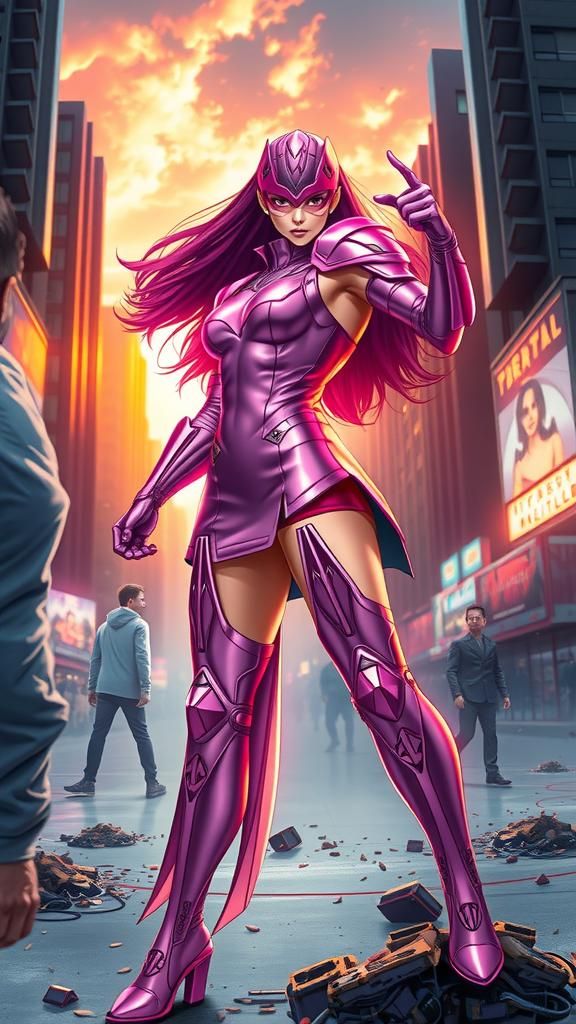 Japanese Anime-Style Female Superhero in Stunning Pink Armor