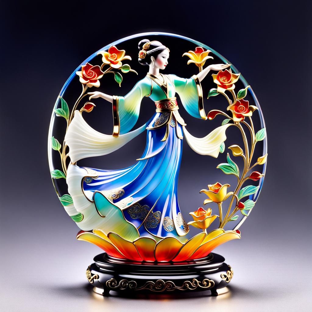 Delicate Oriental Dancer Enameled Glass Artwork