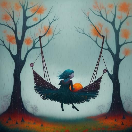 Whimsical Autumn Girl in a Rainy Swing Scene