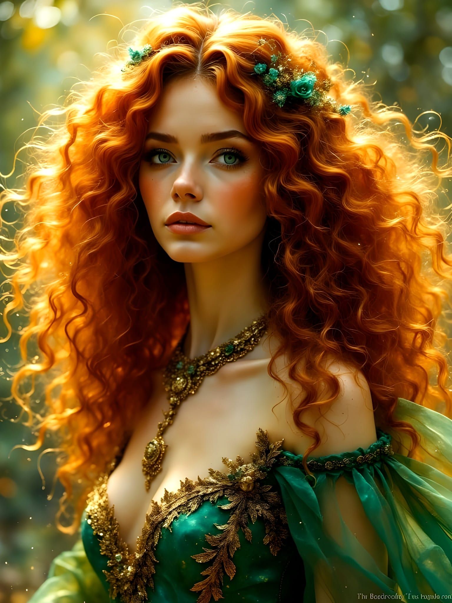 Ethereal Goddess in Emerald Gown with Golden Necklace