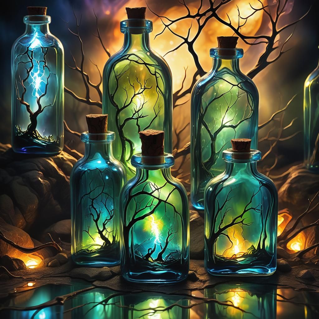 Glowing Cracked Glass Bottles Reveal Fantasy Worlds