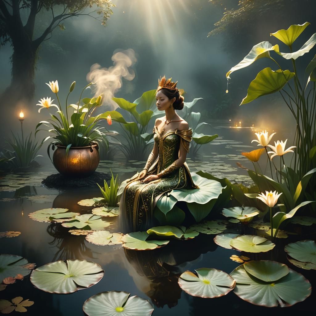 Ethereal Fantasy Leaf Queen Amidst Pond Scene