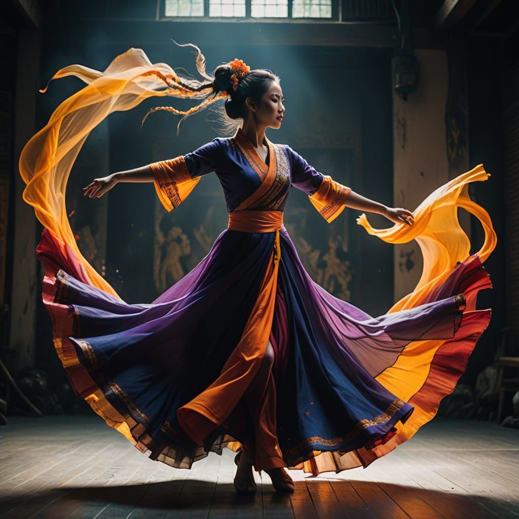 Graceful Dancer in Flowing Dress of Fire