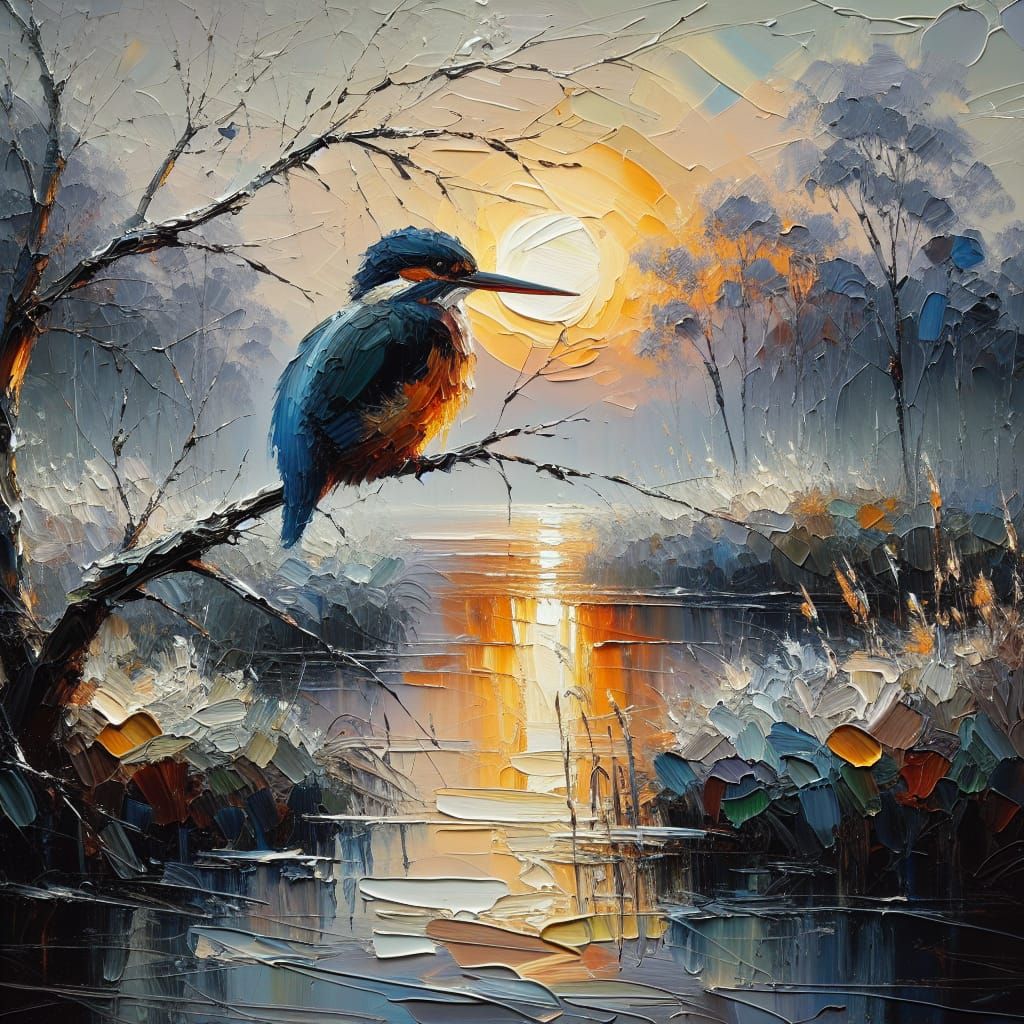 Impasto Painting of Kingfisher in Dawn Light