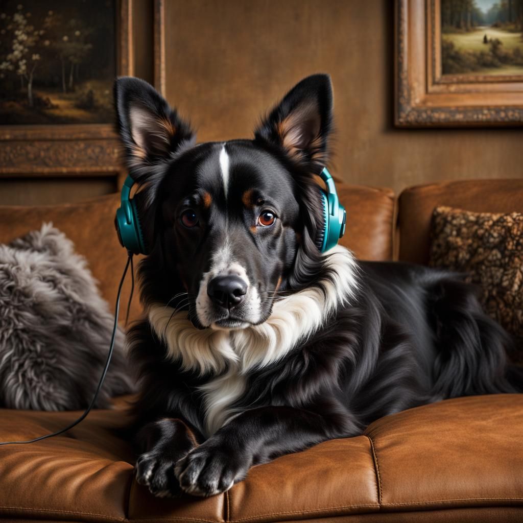 Stunning Dog Lying on Couch with Fluffy Headphones