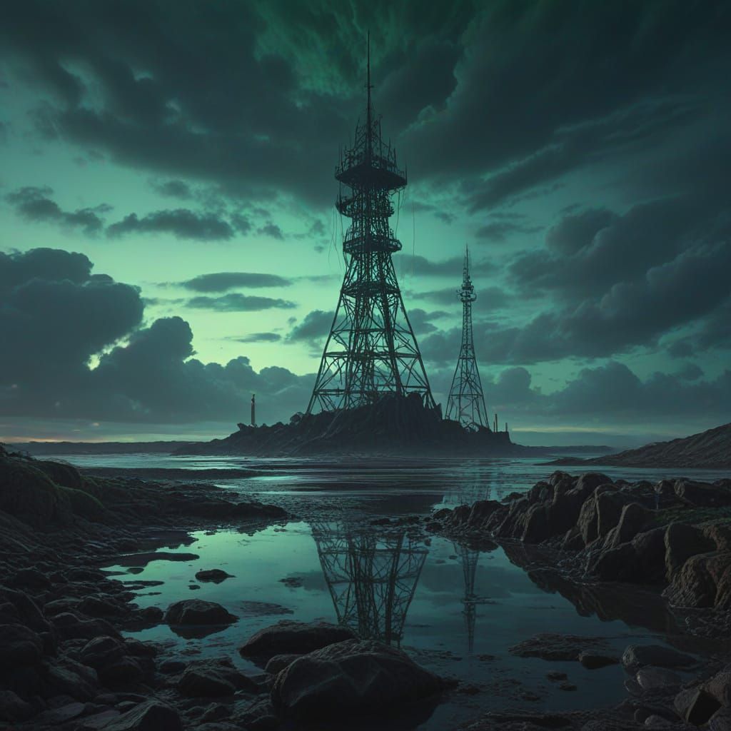 Underwater Radio Tower in Bioluminescent Sci-Fi Art