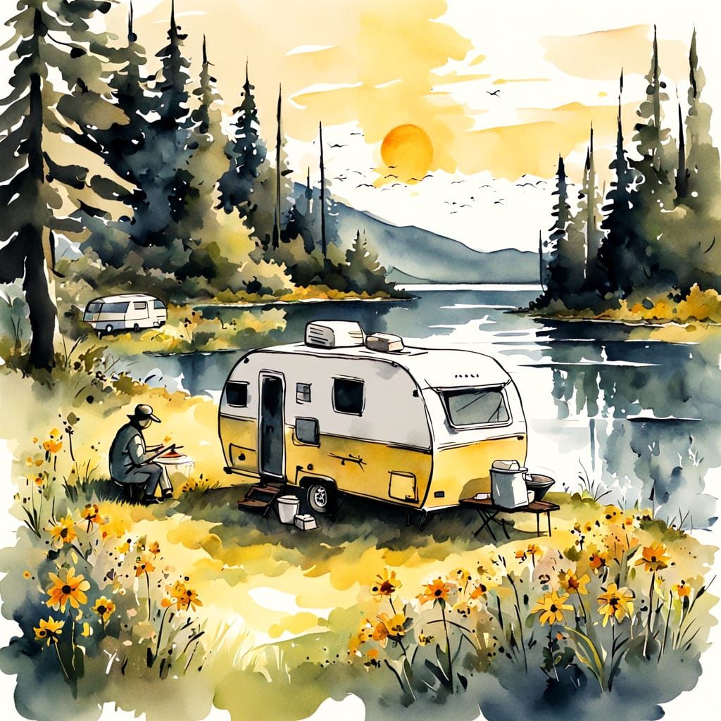 Campsite by Lake: Ink Illustration with Wildflowers