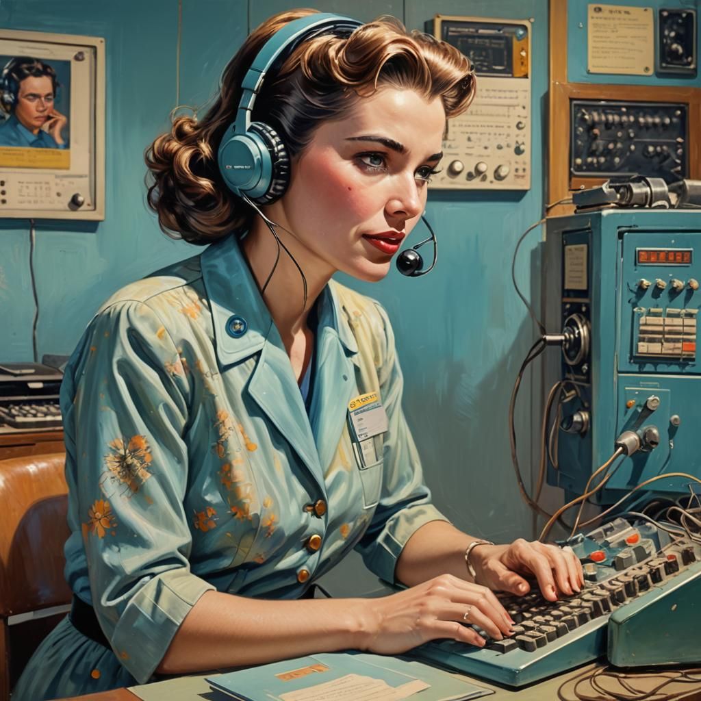 1950s Telephone Operator in Vibrant Hyperrealistic Art