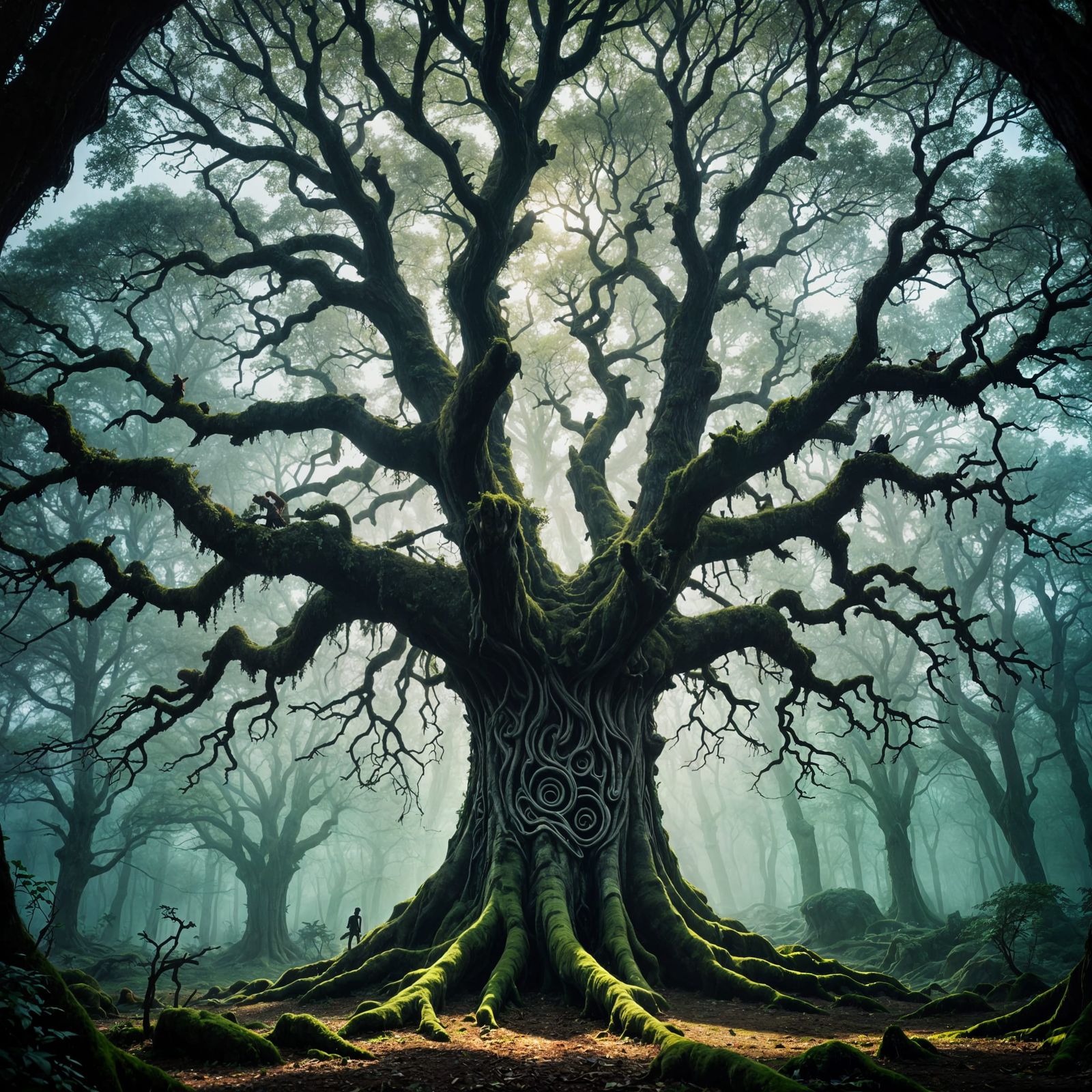 Mystical Forest Within Ancient Tree Silhouette