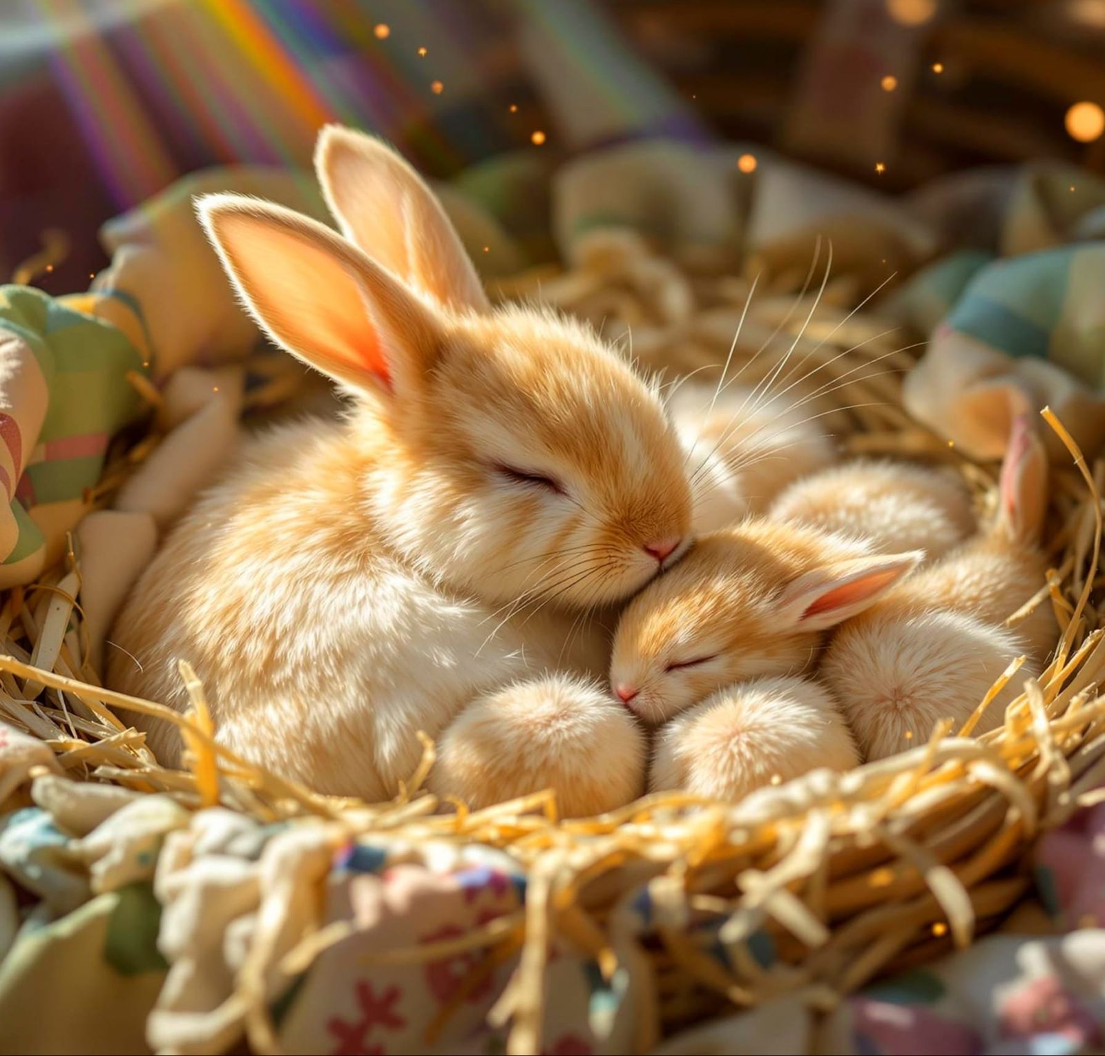 Mother Bunny Nuzzles Adorable Fluffy Babies in Warm Sunlit N...