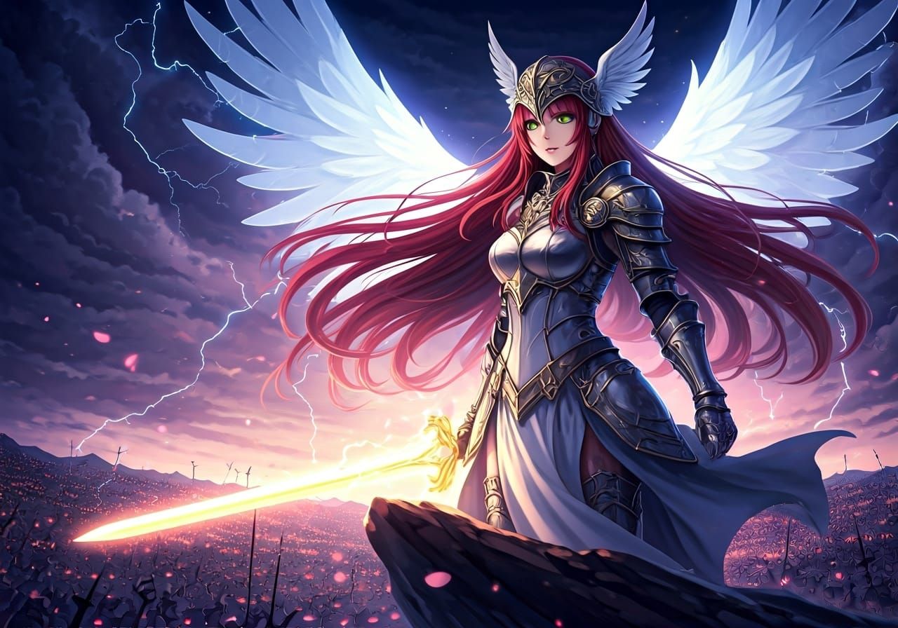 Fierce Valkyrie Overlooks Battlefield in Anime Style