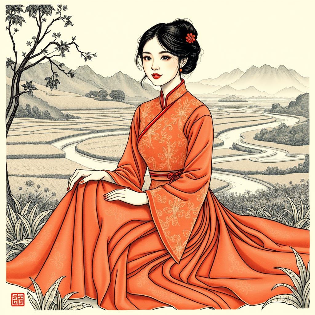 Vietnamese Woman in Serene Woodland Scene