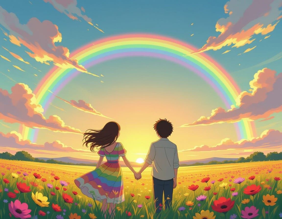 Couple Gazes at Vibrant Flower Field Under Rainbow Sky