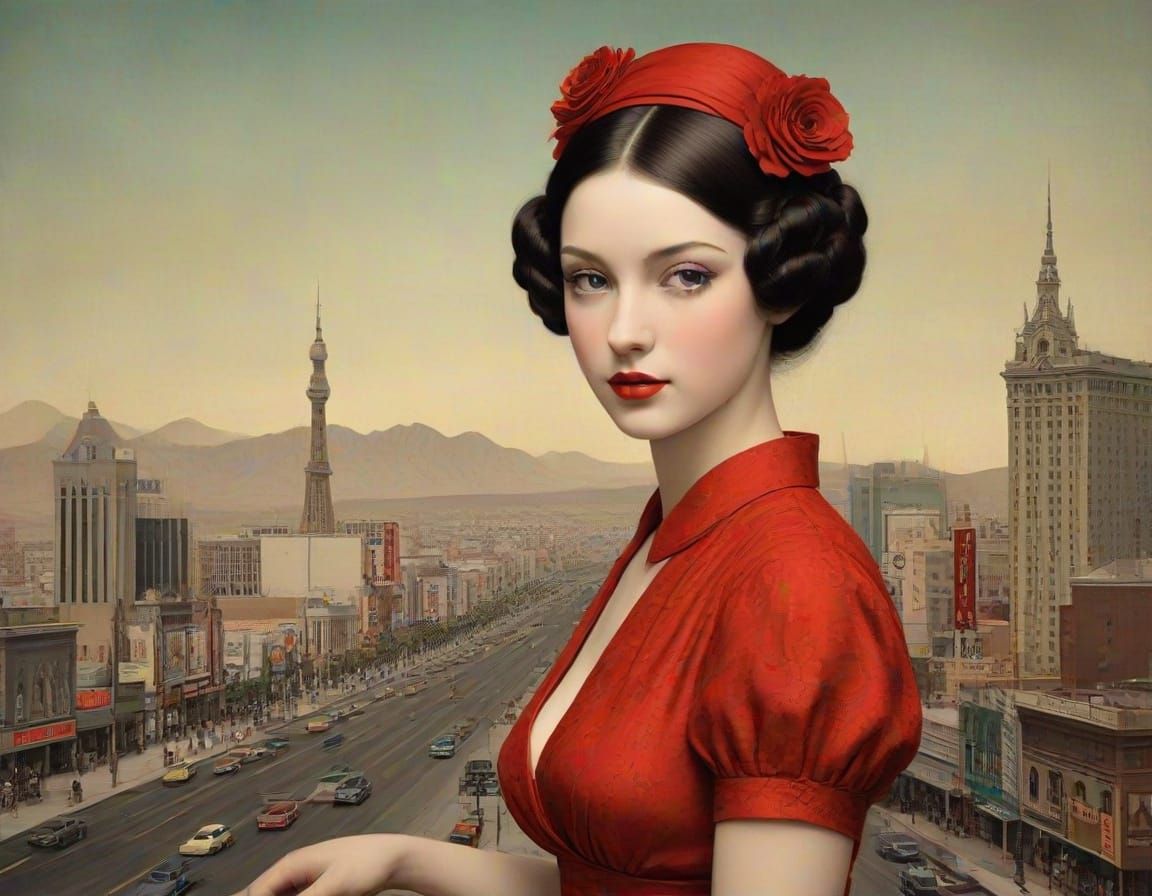 Las Vegas Strip in 1950s, Pen and Ink Landscape