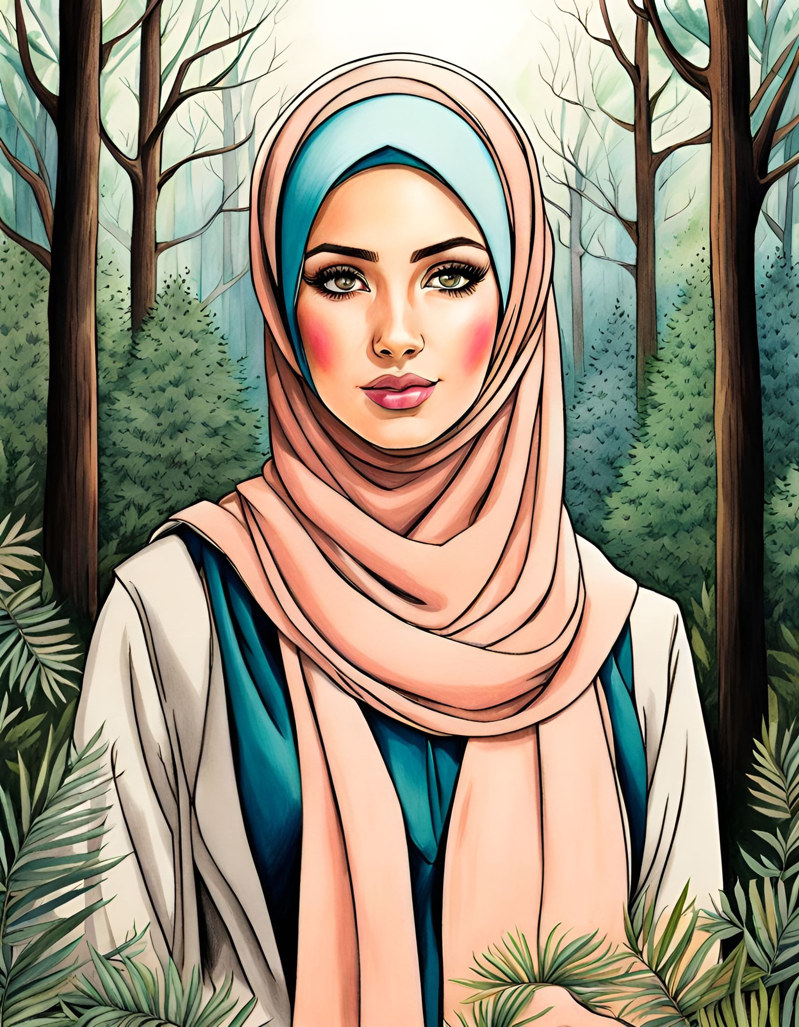 Woman in Hijab amidst Forest Landscapes in Soft Colors
