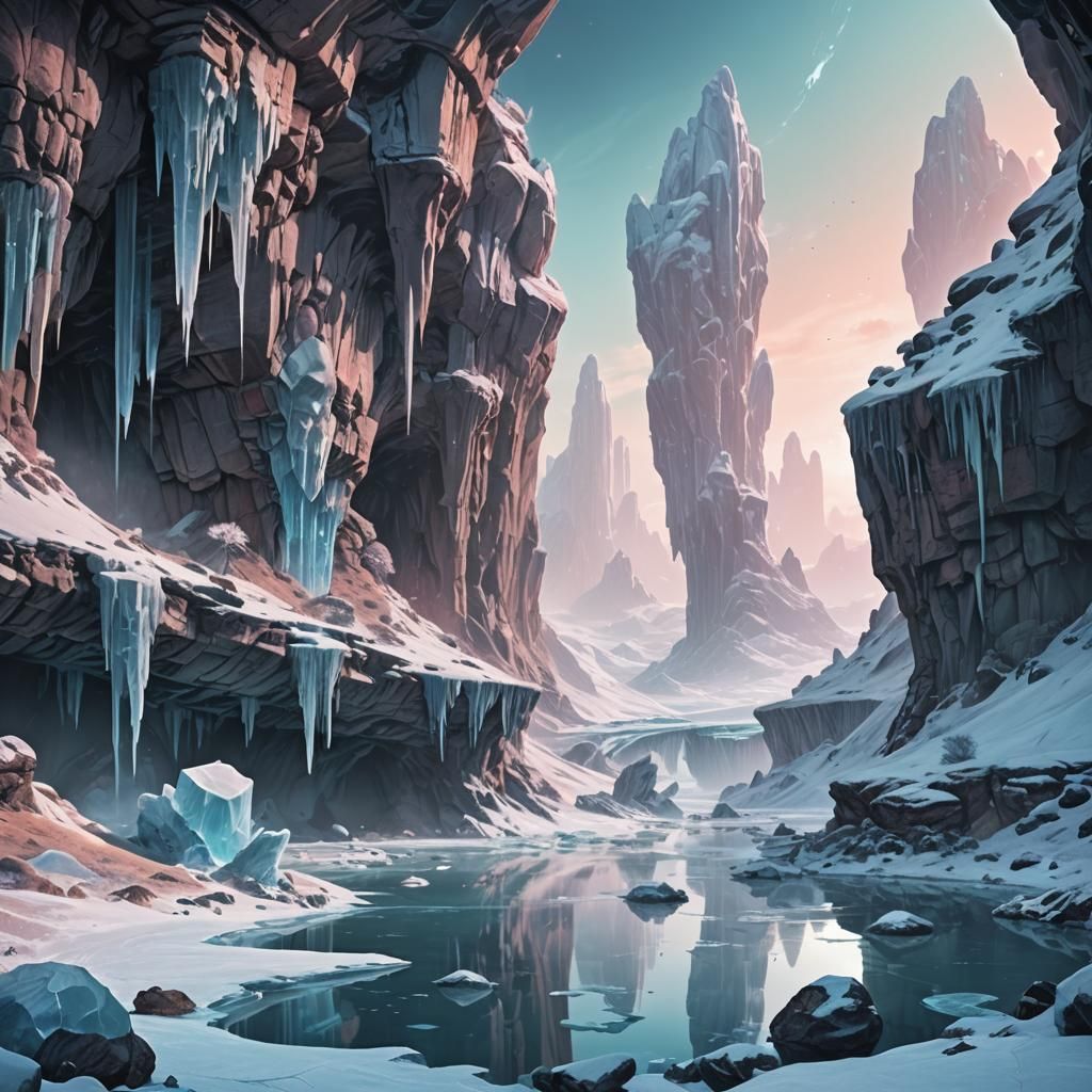Surreal Icebound Alien Landscape with Icy Caves and Crystall...