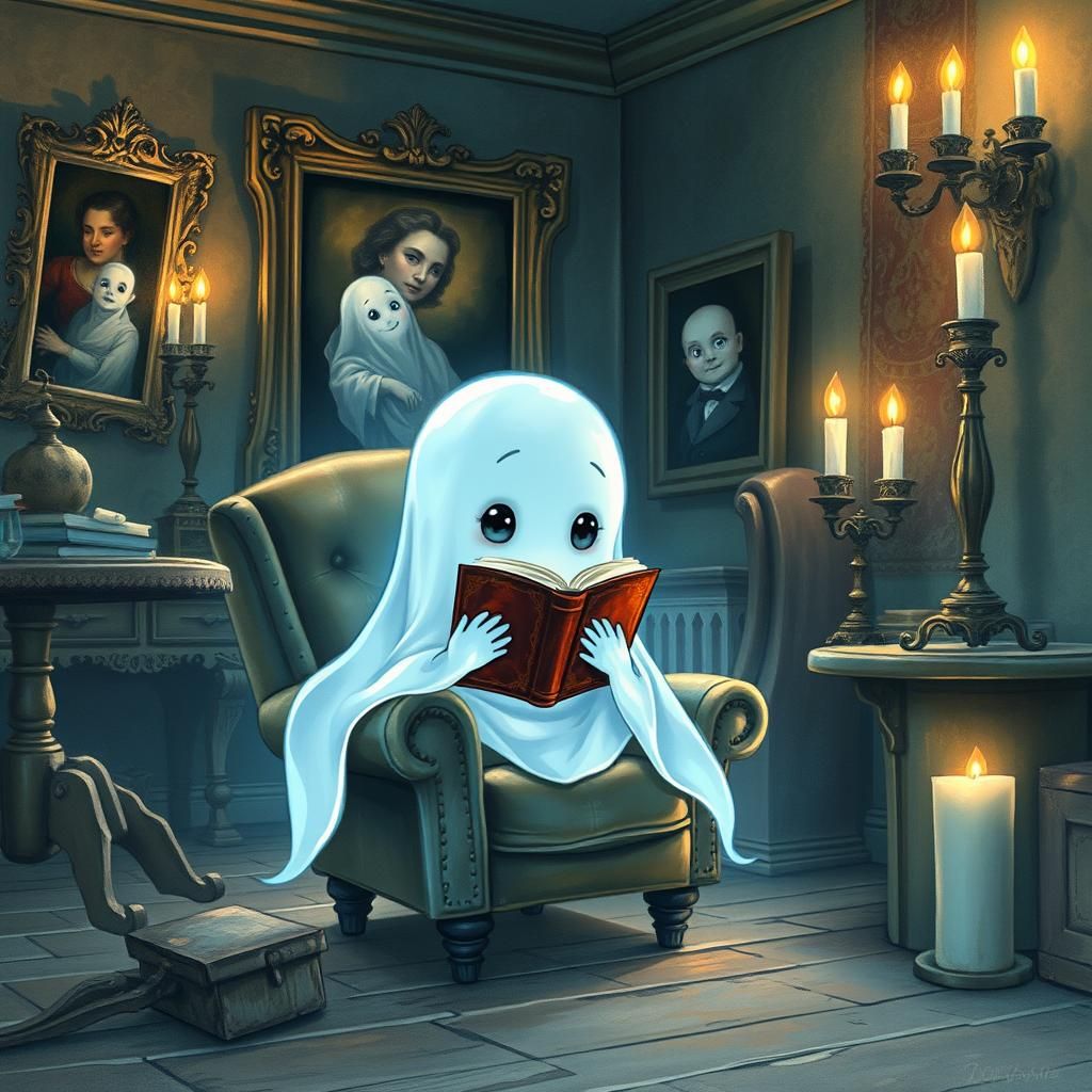 Chibi Ghost Enchants with Ethereal Blue Glow in Haunted Mans...