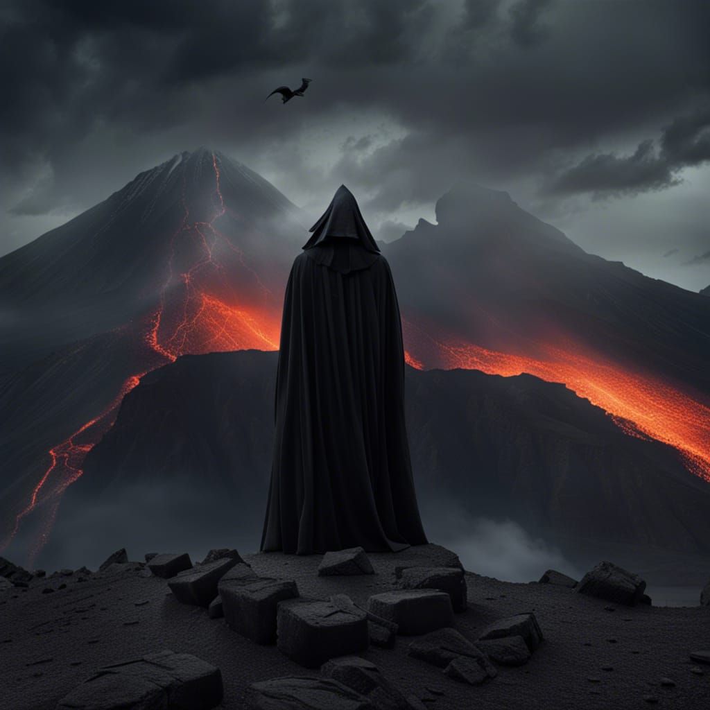 The Grim Reaper Standing at the Foot of a Fiery Volcano
