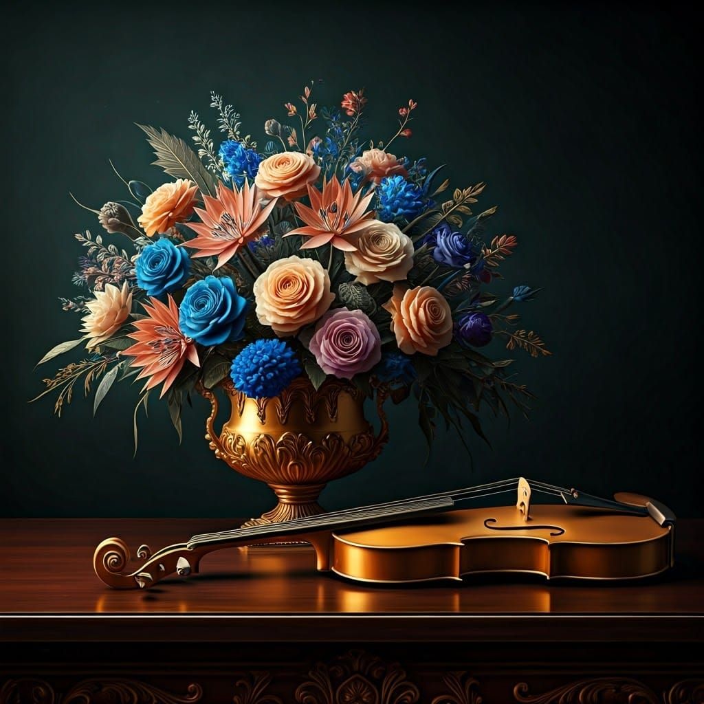 Exquisite Gold Violin Amidst Lavish Flowers in a Dark Wooden...