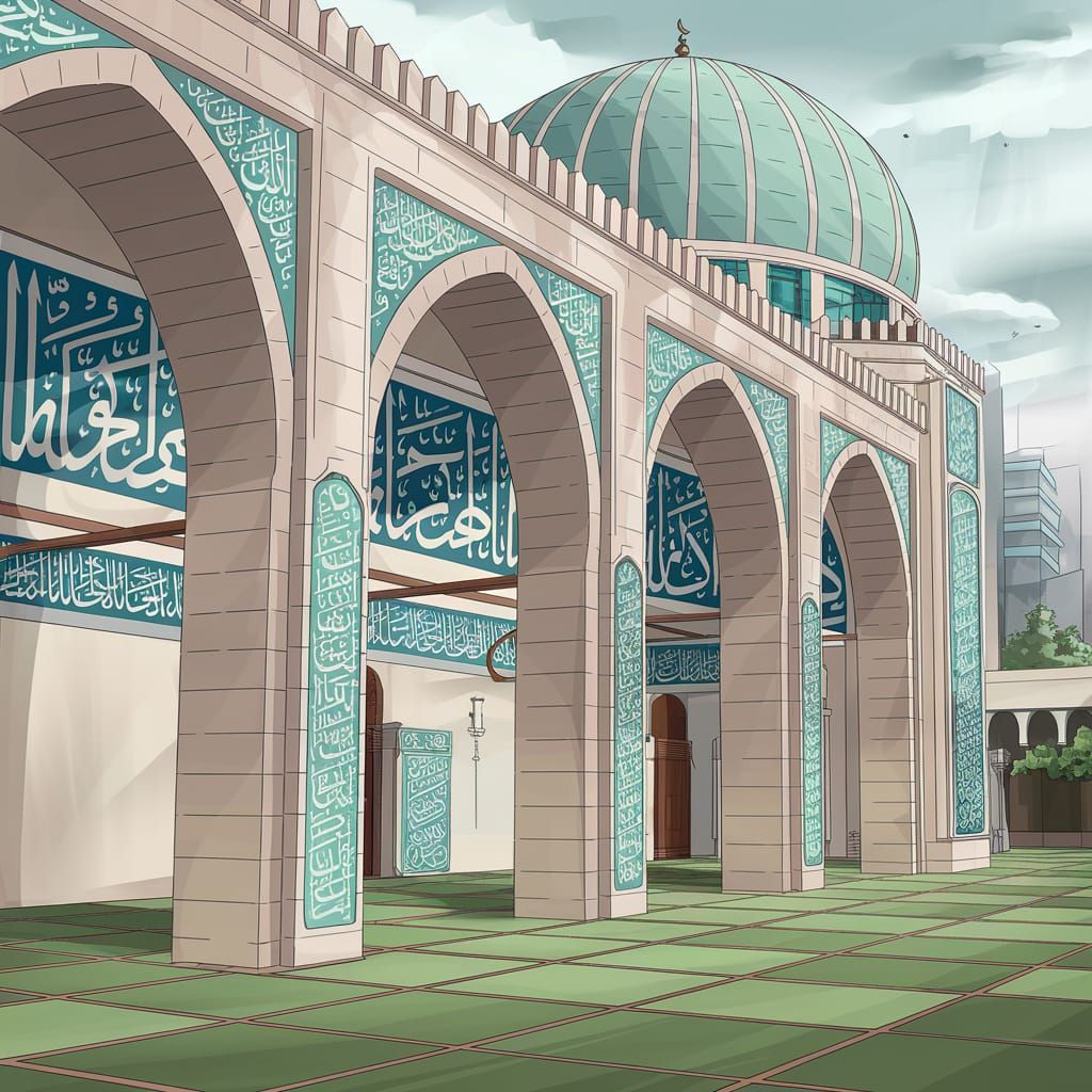 Manga-Style Mosque with Arabic Calligraphy