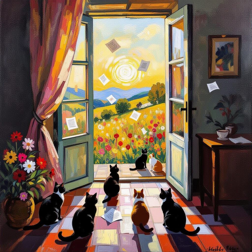 Cats in Cozy Home with Sunlight, Neo-Impressionism