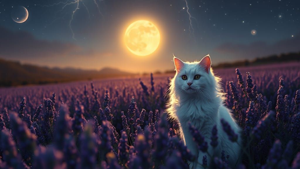Fluffy White Cat in Lavender Field, Dark Fantasy Art