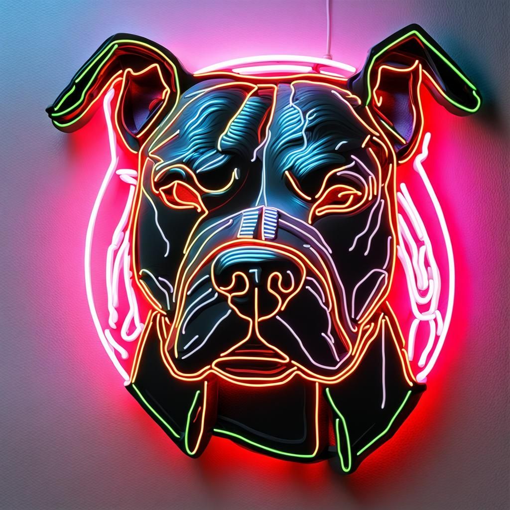 Surreal Neon Pitbull Head Illuminates Darkened Urban Space
