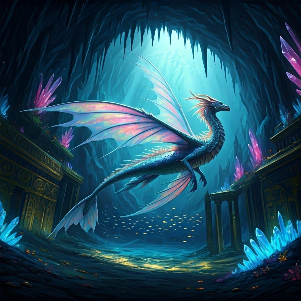 Spectral Mermaid-Dragon in Ancient Underwater Realm