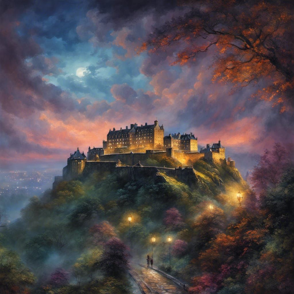 Mystical Edinburgh Castle at Night in Vibrant Hyperrealism