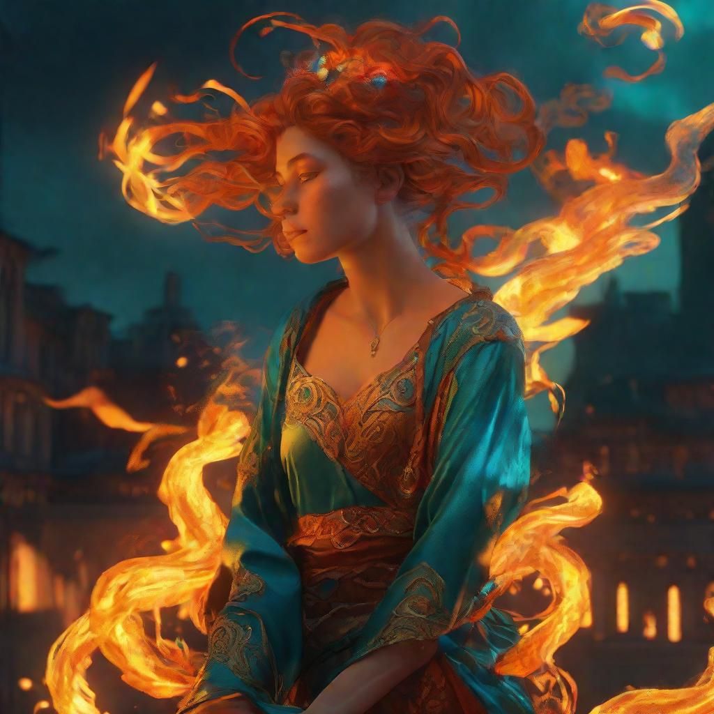 Flame Dancer in Hyperdetailed, Triadic Color Concept Art