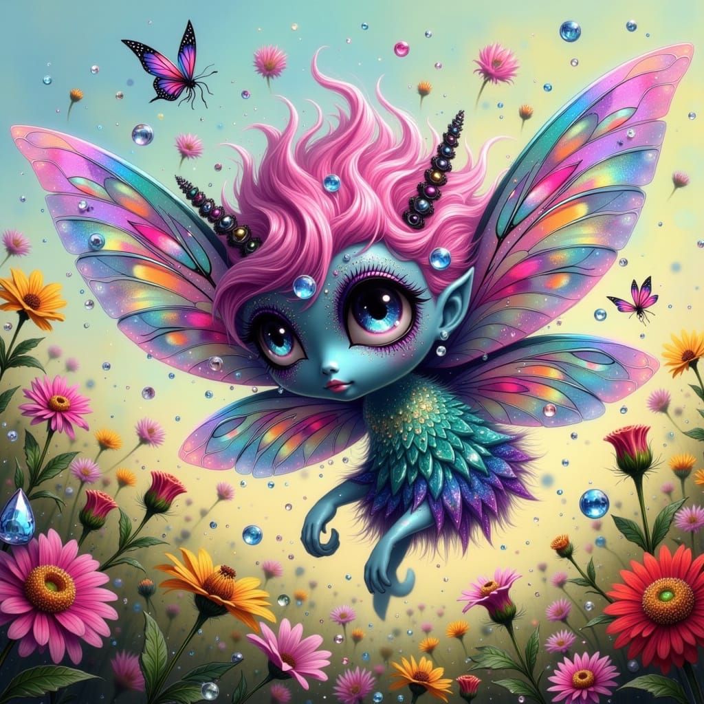 Whimsical Fairy Punk Creature in Vibrant Gingham Wings and I...