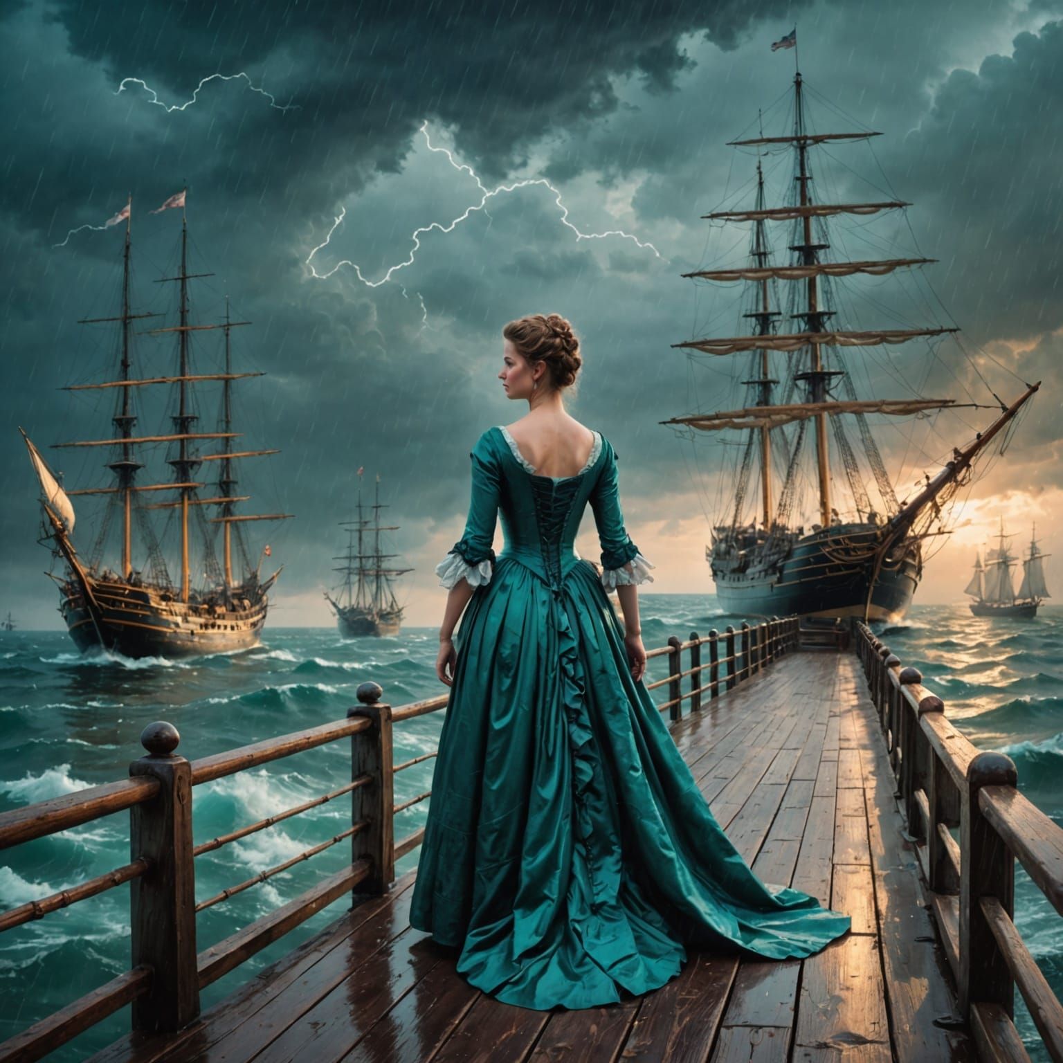 18th Century Woman Watches Ships on Stormy Pier
