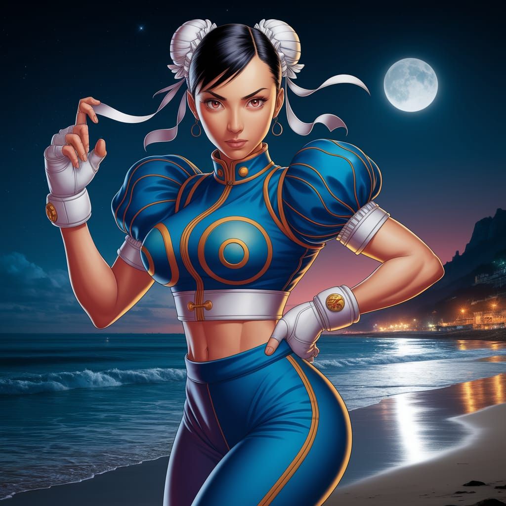 Chun-Li Training on Night Beach in Anime Style
