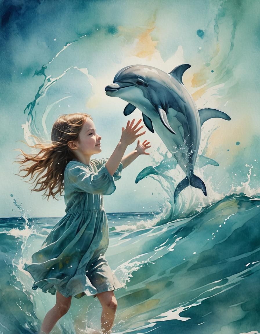 Surreal Watercolour of Girl Supporting Dolphin in Whimsical...