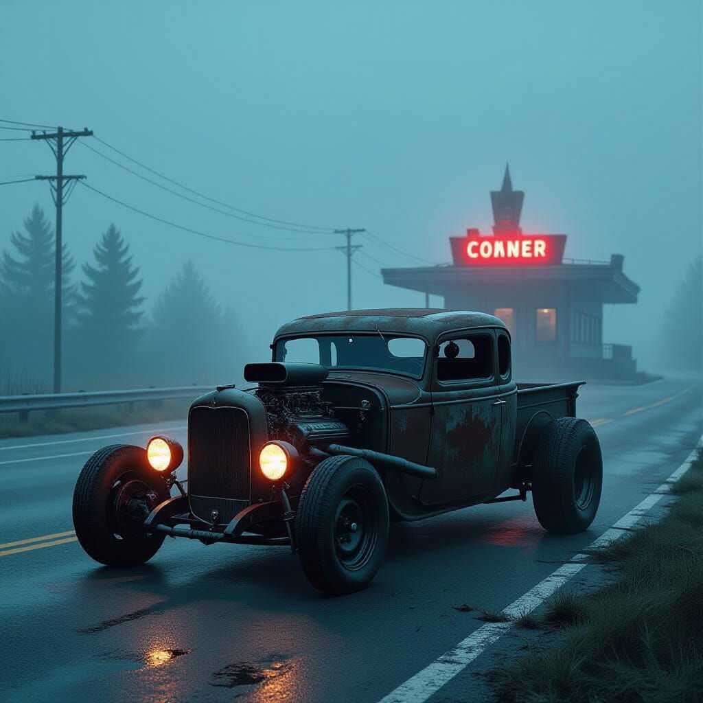 Haunting Rat Rod on Foggy Midnight Highway