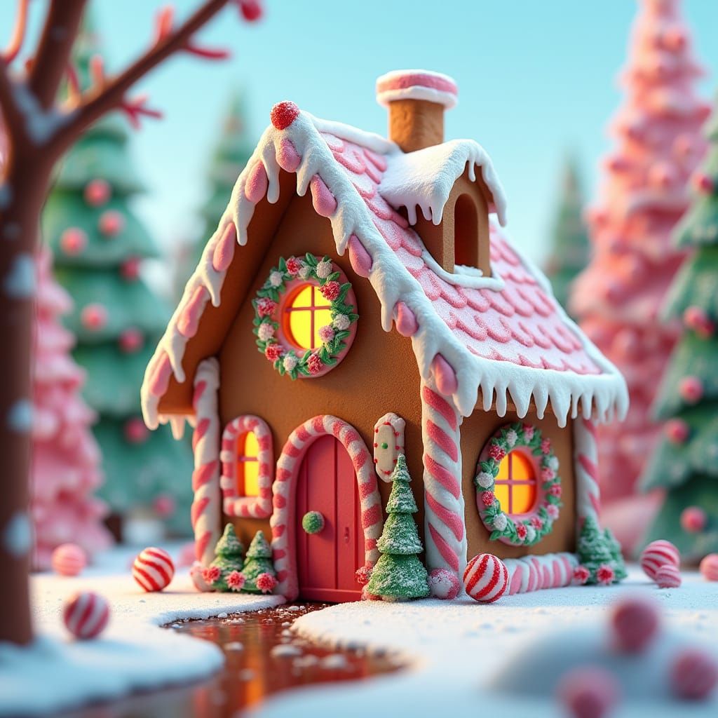 Whimsical Gingerbread Cottage in Winter Wonderland, 3D Pixar...