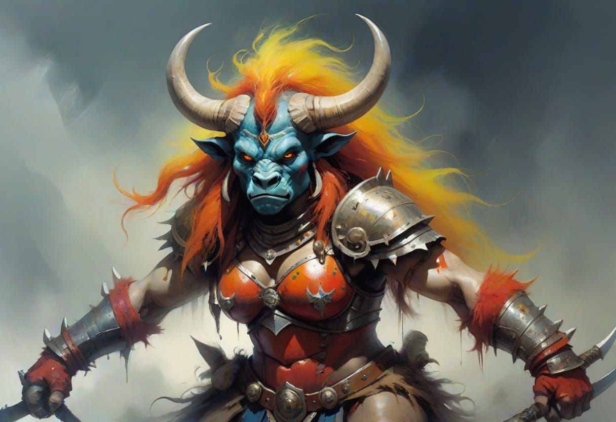 Hairy Minotaur Warrior Woman in Vibrant Armor