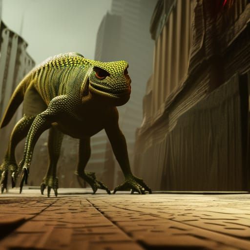 Cyberpunk Lizard in Neon Retro Urban Landscape