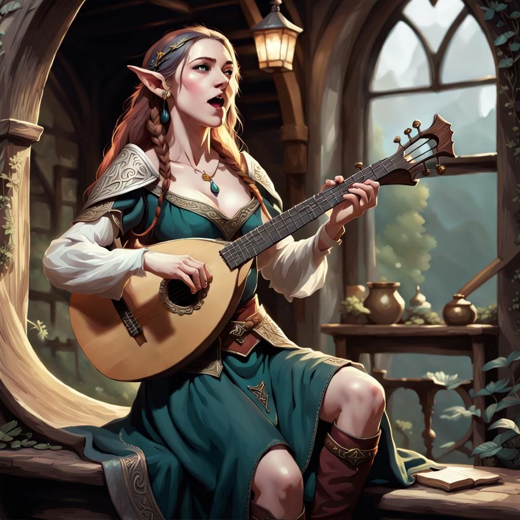 Statuesque Half-Elf Bard Performs with Enchanted Lute in Fan...